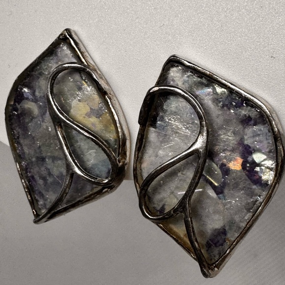 Vtg URI RAMOT Earrings ISRAEL 950 Silver Modernist Antique Roman Glass Clip on - Picture 15 of 17